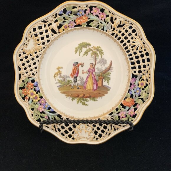 Helena Wolfsohn Reticulated Plate 8.5" Watteau Couple Scene Dresden Germany 4 - Picture 1 of 7